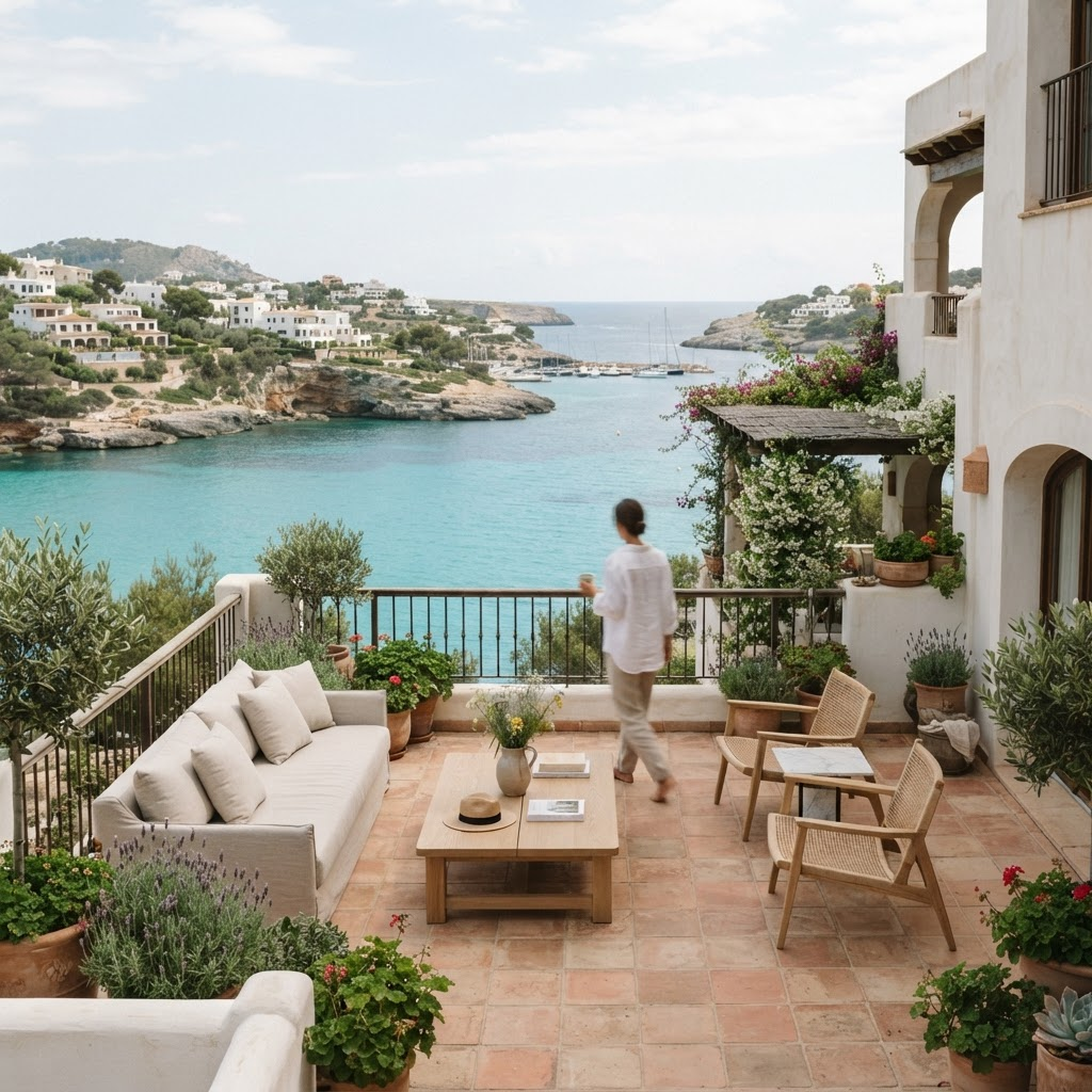 A Cove residence terrace overlooking a turquoise lagoon