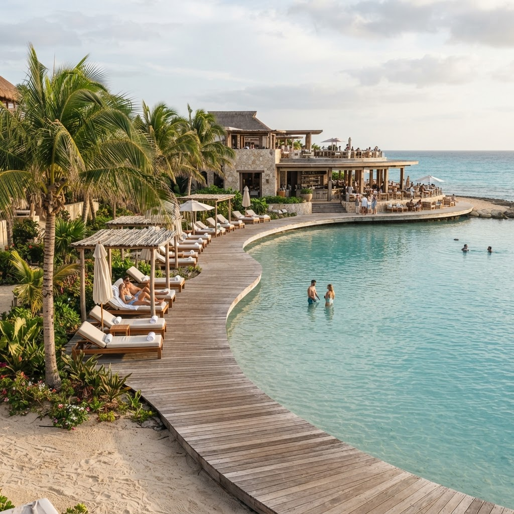 Lagoon boardwalk and beach club amenities at The Cove